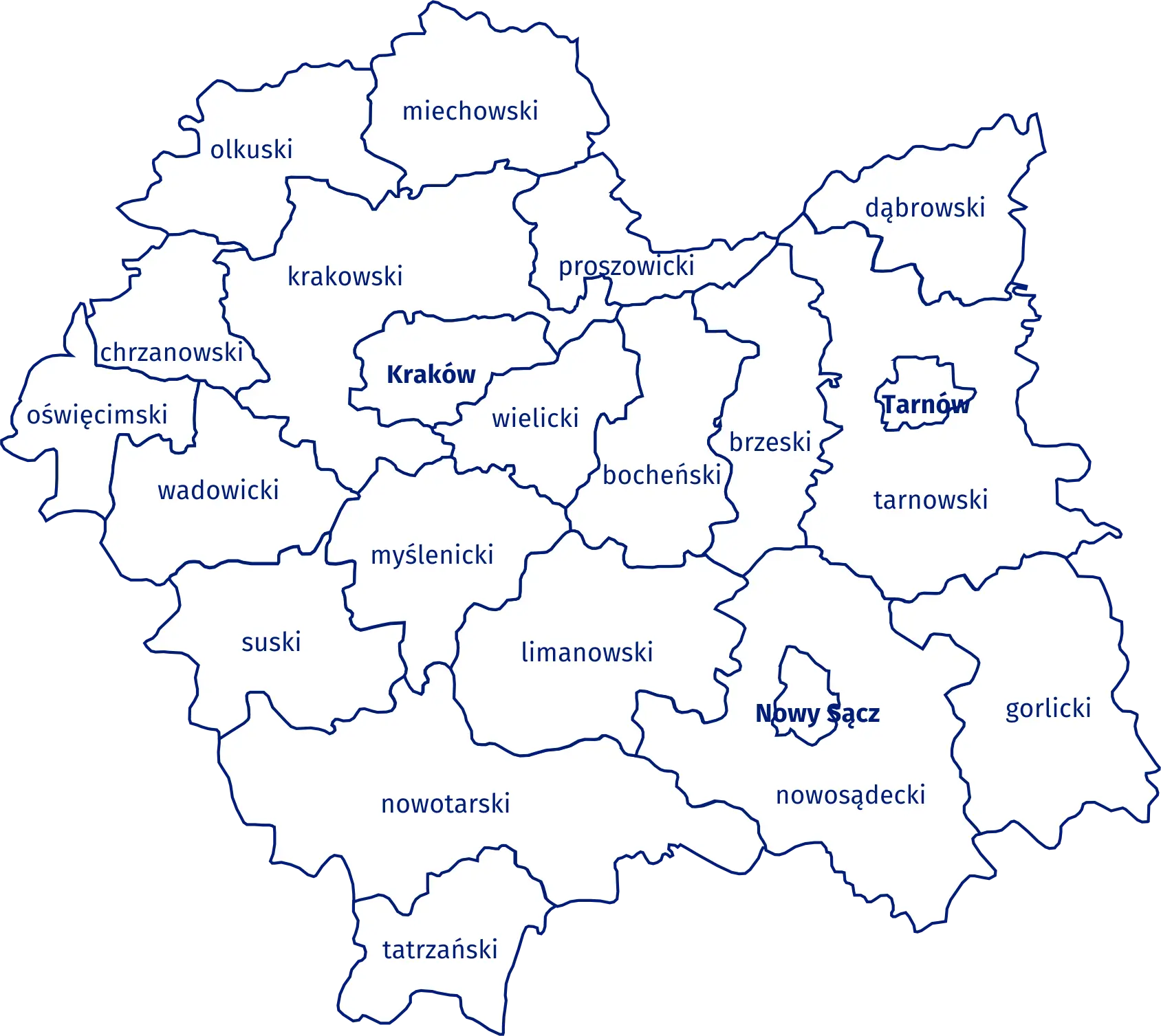 Mapa województwa małopolskiego z podziałem na gminy